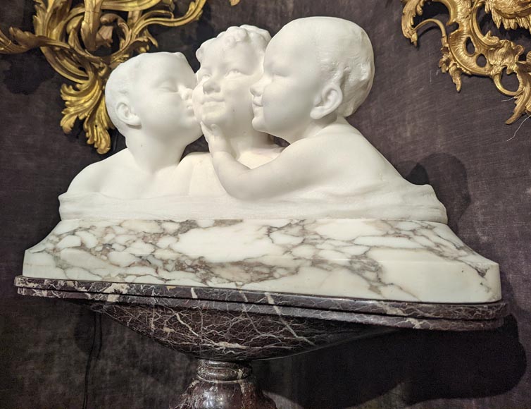 阿弗尔图纳托.戈里（Affortunato GORI），卡拉拉大理石雕塑，石柱上三个孩童半身像-6