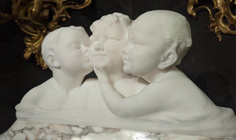 阿弗尔图纳托.戈里（Affortunato GORI），卡拉拉大理石雕塑，石柱上三个孩童半身像-7