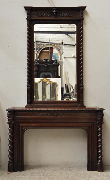 路易十三风格大型墙镜橡木壁炉-0