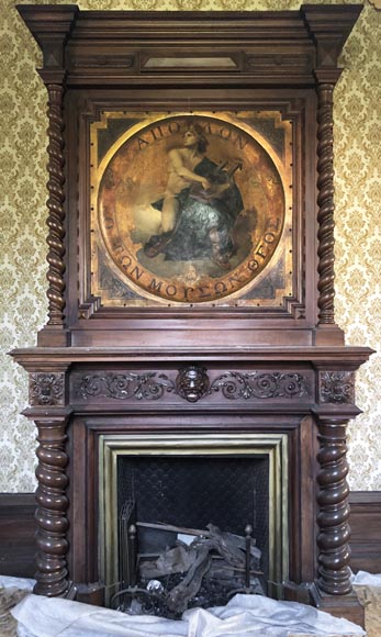 胡桃木古董壁炉，并有描绘阿波罗神的油画装饰的护壁板-0