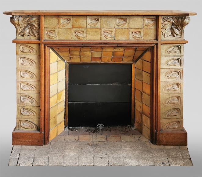 Gentil＆Bourdet陶艺工厂（被认为是），粗陶橡木制的新艺术风格古董壁炉-0