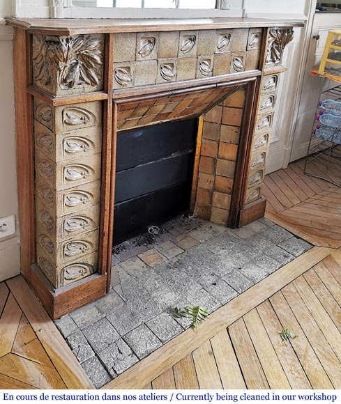 Gentil＆Bourdet陶艺工厂（被认为是），粗陶橡木制的新艺术风格古董壁炉-2