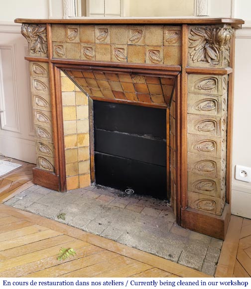 Gentil＆Bourdet陶艺工厂（被认为是），粗陶橡木制的新艺术风格古董壁炉-8