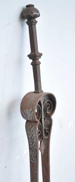 古董壁炉用具：几何图案装饰铁夹和铁铲-4