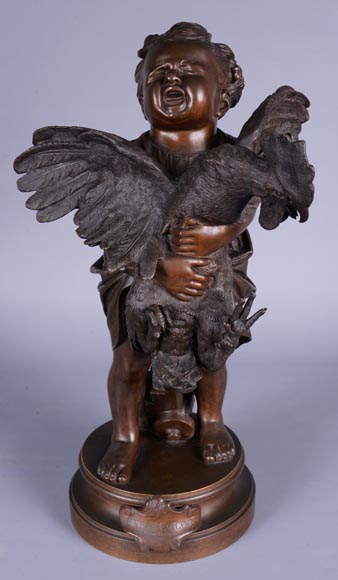 阿德里亚诺·塞乔尼（1836-1886）-孩子与公鸡，带有褐色铜绿的铜塑像-0