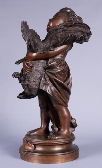 阿德里亚诺·塞乔尼（1836-1886）-孩子与公鸡，带有褐色铜绿的铜塑像-2