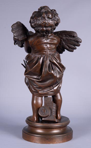 阿德里亚诺·塞乔尼（1836-1886）-孩子与公鸡，带有褐色铜绿的铜塑像-3
