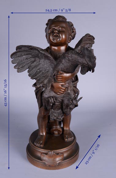 阿德里亚诺·塞乔尼（1836-1886）-孩子与公鸡，带有褐色铜绿的铜塑像-9