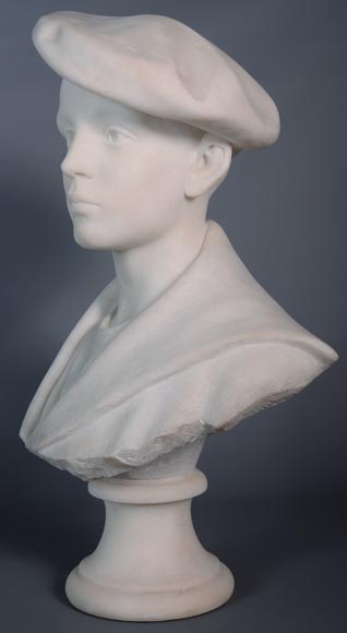 埃托尔·艾克西梅内（Ettore XIMENES，1855-1926） 带贝雷帽的孩子 白色半身大理石像 19世纪后半叶-2