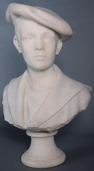 埃托尔·艾克西梅内（Ettore XIMENES，1855-1926） 带贝雷帽的孩子 白色半身大理石像 19世纪后半叶-4