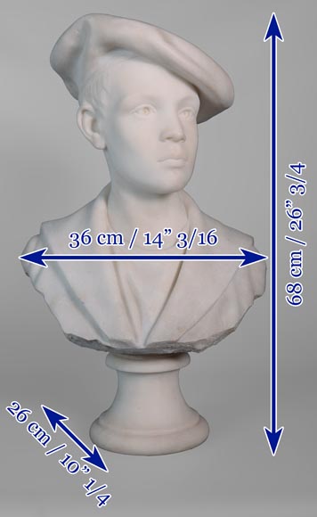 埃托尔·艾克西梅内（Ettore XIMENES，1855-1926） 带贝雷帽的孩子 白色半身大理石像 19世纪后半叶-7