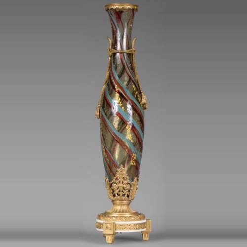 欧内斯特·勒韦尔（Ernest LEVEILLE）-非凡的多彩破碎花纹杯-镀金青铜底座-1890年左右
