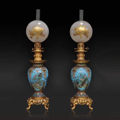 费迪南德·巴贝丁（Ferdinand Barbedienne）（被认为是其作品），掐丝珐琅彩中式对灯