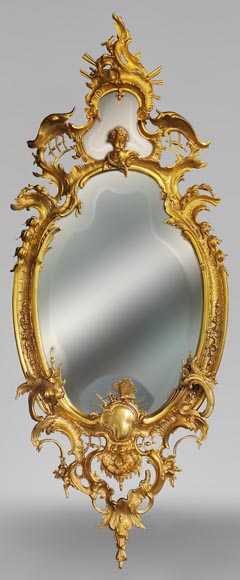 拿破仑三世时期镀金青铜镜，洛可可风格装饰-0