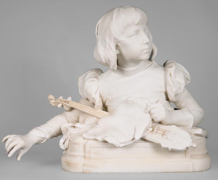 勒内·罗泽（René ROZET） 弹奏曼陀林的年轻音乐家 白色大理石雕塑 19世纪末-0