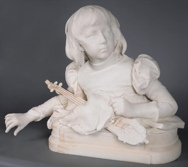勒内·罗泽（René ROZET） 弹奏曼陀林的年轻音乐家 白色大理石雕塑 19世纪末-1