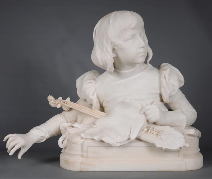 勒内·罗泽（René ROZET） 弹奏曼陀林的年轻音乐家 白色大理石雕塑 19世纪末-2