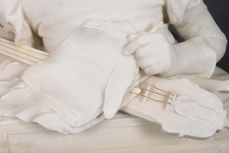 勒内·罗泽（René ROZET） 弹奏曼陀林的年轻音乐家 白色大理石雕塑 19世纪末-7