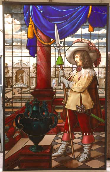 火枪手像彩绘玻璃，比特灵出品，巴黎1883年。-0
