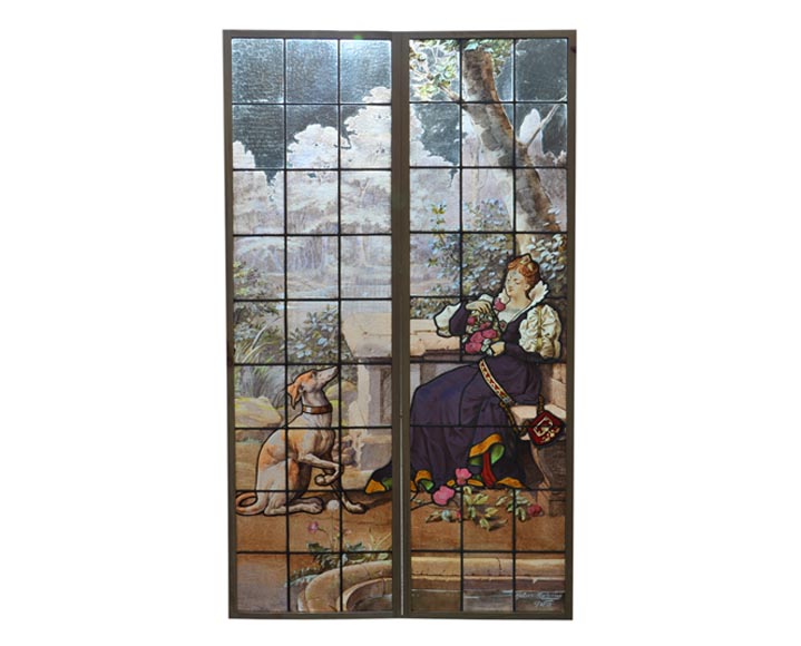 女士与灰犬，双彩色玻璃窗由休伯特·马蒂诺签名制作，巴黎-0