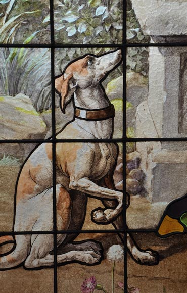 女士与灰犬，双彩色玻璃窗由休伯特·马蒂诺签名制作，巴黎-4