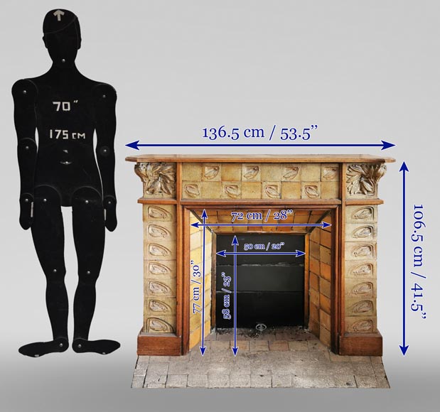 Gentil＆Bourdet陶艺工厂（被认为是），粗陶橡木制的新艺术风格古董壁炉-12